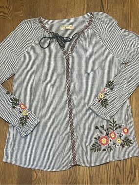 Ruff Hewn Navy & White Striped Embroidered Peasant Top 236